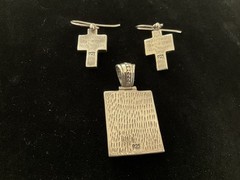 Sterling Silver Multi Color Inlay Natural Stone Pendant & Cross Dangle Earrings