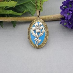 Silver Flower Blue Enamel Locket Necklace.