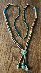 Vintage Wood Glass Metal Beaded Long Necklace Artisan Boho 30” With 2” Drop