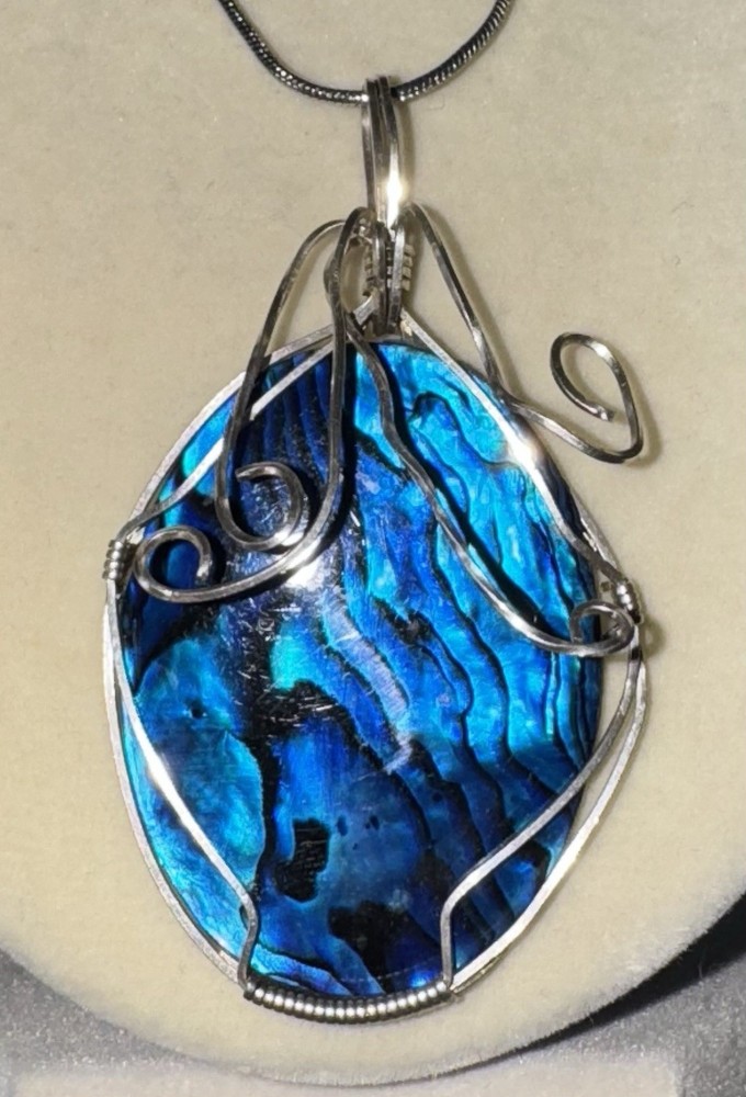Vintage Abalone Paua Shell Wrapped In Sterling Silver Wire Necklace 18”