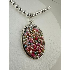 Pink Pearlescent Palooza Bubbles OOAK Oval Bezel Baroque 925 Ball Chain Necklace
