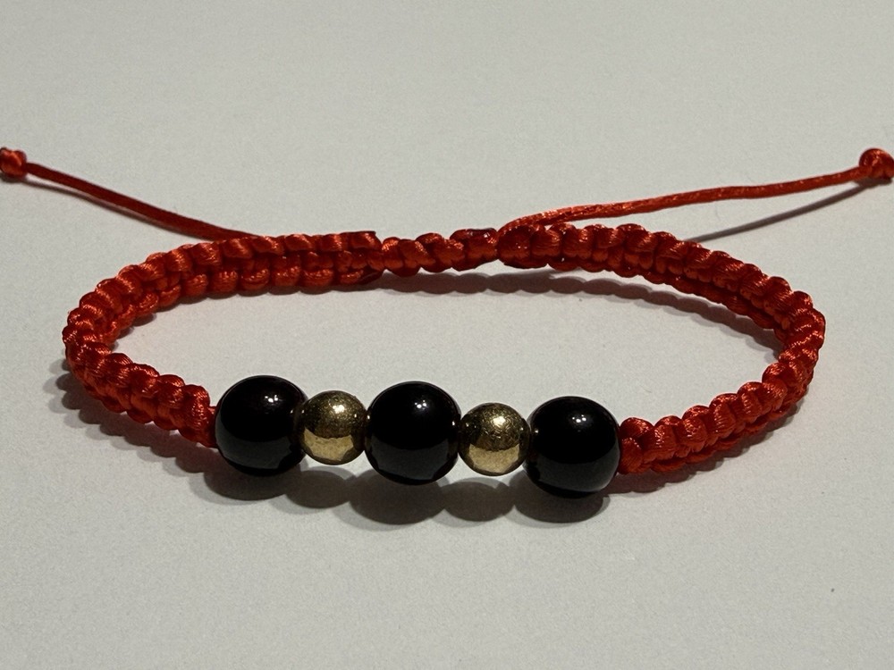 Handmade Adjustable Beaded Cord Bracelet, Red Black Gold, 5 Inches