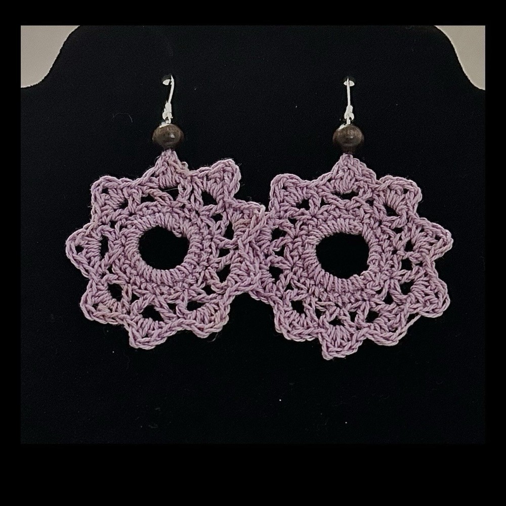 Crochet Earrings Lavender Thread With Wooden Bead, Hypoallergenic Ear Wires
