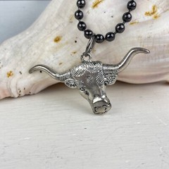 Bull Head Silver-tone Metal Pendant on Gunmetal Ball Chain OOAK Cowgirl Biker