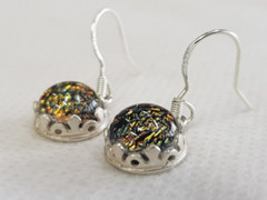 Dainty Dangling Brown Dichroic Earrings, Silver & Glass Jewelry, Gift for Her