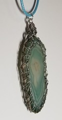Teal Agate Slice Sterling Silver Wire Wrapped Viking Knit Necklace 18″ Cord