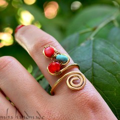 Coral Turquoise Agate Crystals Ring – Any Size – Handmade Jewelry
