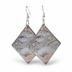 Earrings: 3.5in Handmade Multicolor Floral Decoupage Wooden Diamond Shape Dangle