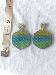 Handcrafted Polymer Clay Resin Gold Dangle Stud Earrings Green Blue Yellow