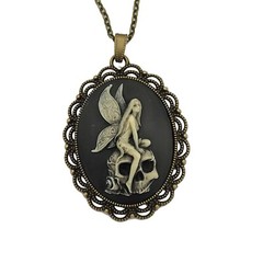 Antiqued Brass Vintage Style Cameo Necklace. (Fairy on Skull).