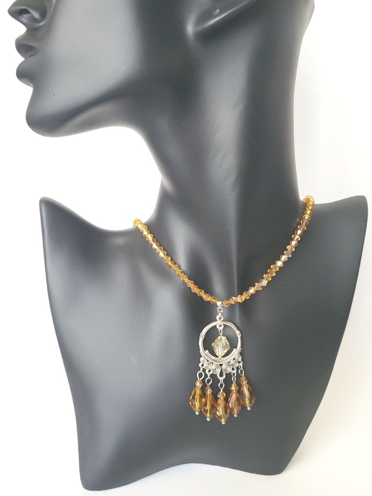 Unique! BEADED PENDANT NECKLACE 16″(+2″) Glass Bead Amber Cognac Caramel Fringe