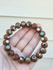 13mm Walnut Inlay Bracelet: Turquoise, Amber, Agate, & Tai Chi. Unique Art.