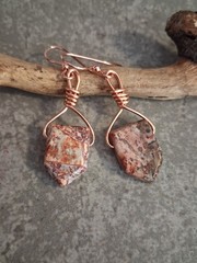 UNIQUE EARTHY LEOPARD JASPER STONE BEADS/BRIGHT COPPER WIRE EARRINGS