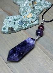 Amethyst Crystal Point Pendant With Lepidolite & Garnet, Dark Purple Gemstones