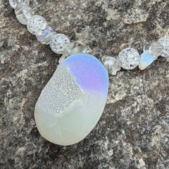 Iridescent Aura Quartz Druzy Slice Pendant Crackle Glass Bead Necklace Handmade