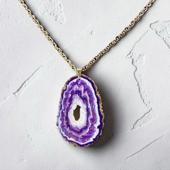 Med Faux Amethyst Geode Slice Polymer Clay Handmade Pendant Necklace SS Chain