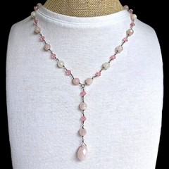 Artisan Rose Quartz Y Drop Necklace Pink Crystal Sterling Clasp 18″-20″