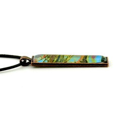 Pendant Necklace Handmade «Into The Ocean» Long Copper Bezel Glass Black Cord
