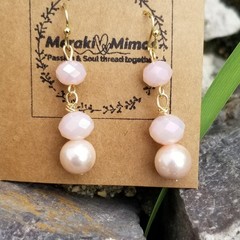 Meraki Mimos Pink Faceted Glass and Pearl Drop Earrings Gold Tone Handmade