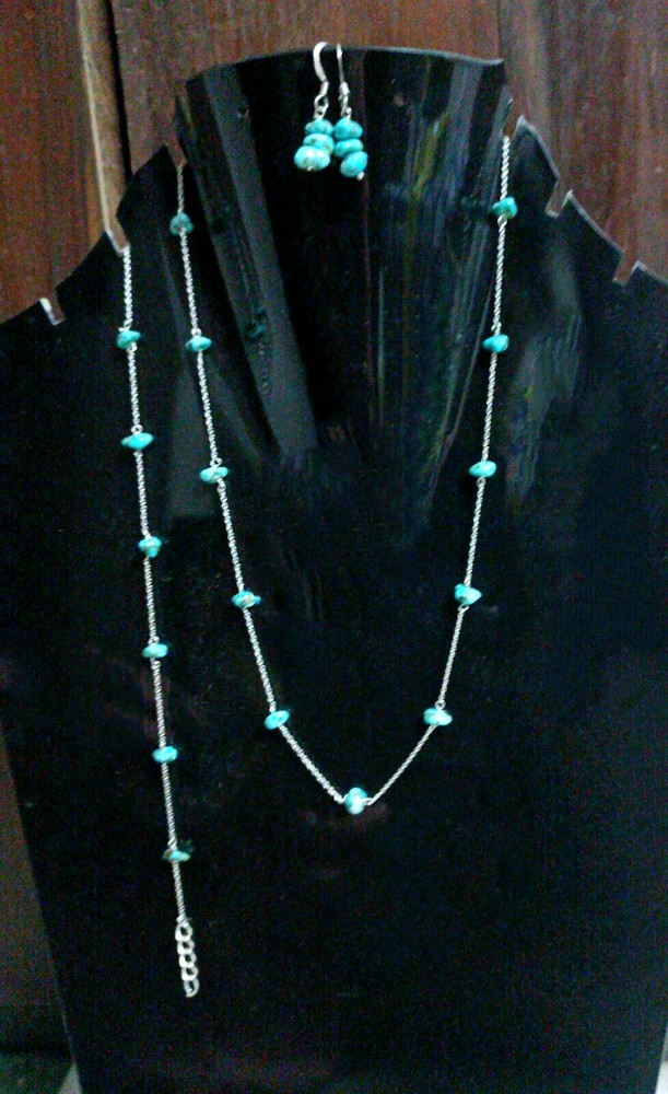 Natural Turquoise Gemstone 925 Sterling Silver Necklace, Bracelet and Earrings