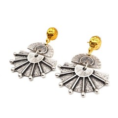 Boho Silver Fan Dangle Earrings Hammered Textured Gold Stud Ethnic Jewelry