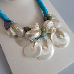 Boho Handmade Statement Necklace MOP Shells Beads Blue Aqua Fabric Chain Cord
