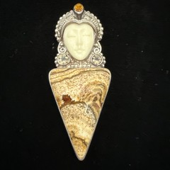 VTG Sajen Pure 925 Silver Bone Goddess CrazyLace Agate Morganite Citrine Pendent