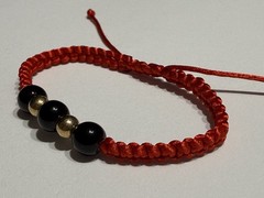 Handmade Adjustable Beaded Cord Bracelet, Red Black Gold, 5 Inches