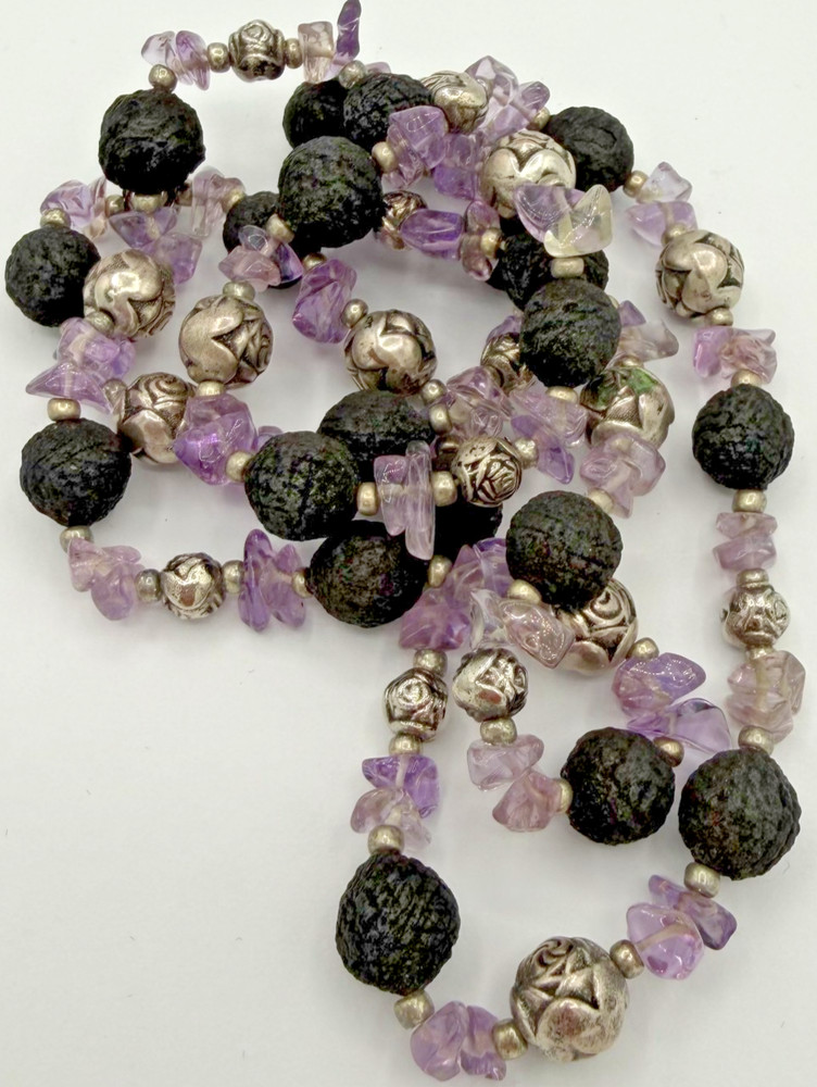 Vtg Boho Lava Rock Amethyst Gemstone Chip Silver Tone Rose Bead Long Necklace