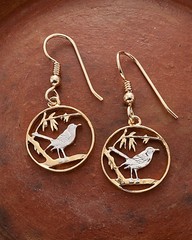 Tropical Bird Earrings,Cayman Island Coins hand Cut, 5/8″ in Diameter ( # 57E )