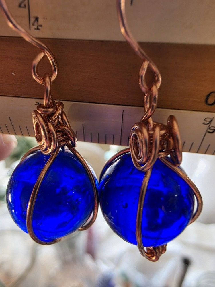 1/2+ in. Cobalt Blue Translucent Pools Of Light Healing Pure USA Copper Earrings