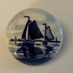 Vintage Delft Holland Blue Porcelain Round Pin Dutch Sloop Sailboat Signed