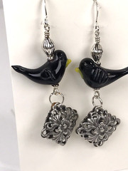 Handmade Glass Bye Bye Black Bird w/ Detailed Dangle on Silver Plated Hooks
