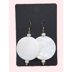 Mother of Pearl Disc Earrings Dangle Artisan Made Gold Plated Statement Bridal