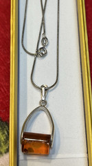 Vintage Sterling Silver Mex V-Shape Holder of Roller Shaped Amber Stone Necklace