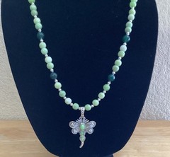 Necklace Green Chalcedony and Serpentine with Dragon Fly Pendant