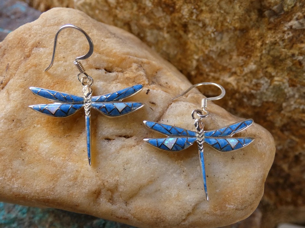 Dragonfly Sterling Silver Blue Denim Lapis Gemstone & Opal Earrings Handmade B36