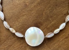 Natural Mother of Pearl & Shell Pendant & Shimmering Crystals 20” ~ Handcrafted