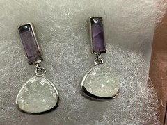 Sterling Silver Artisan Amethyst Earrings Pear Shaped Agate Dangle Drop 1 inch