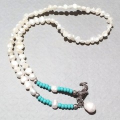 White Freshwater Pearl and Turquoise Beaded Necklace Mermaid Charm