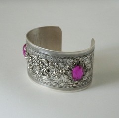 Engraved Silver Cuff Bracelet Purple Stones Victorian Gothic Art Deco Nouveau