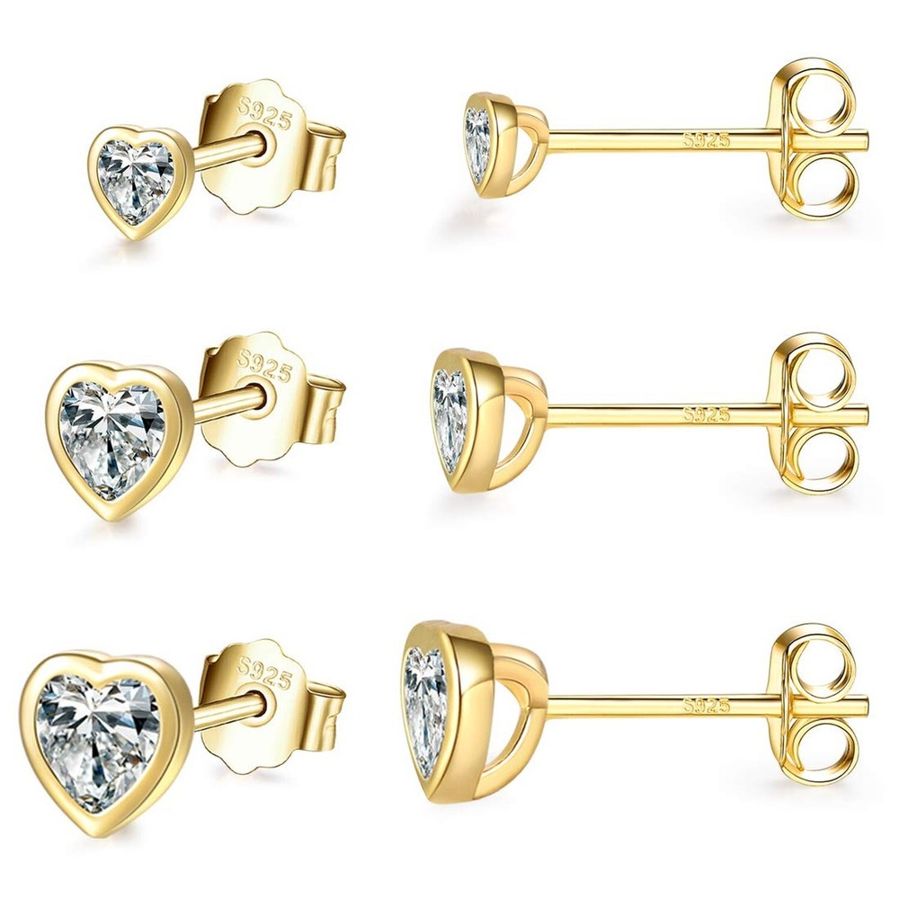 Sterling Silver Small Stud Earrings for Women Men, 3 Pairs of Tiny Heart Shap…