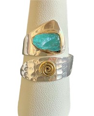 Hammered Silver & Gold Tone Brass Blue Apatite Artisan Modernist Ring 8 9 10