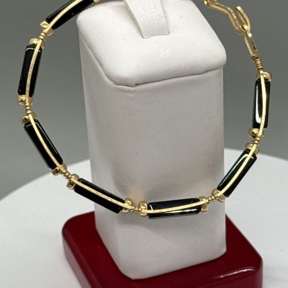 Artisan Black Onyx & Gold Tone Wire Wrapped Tube Bead Link Bracelet Handmade Vtg