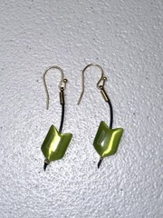14k Yellow Gold Plated, Green Fiber Optic Beads on Black Leather Dangle Earrings