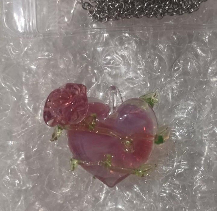 Handmade Glass Blowing Pink Heart Rose Pendant