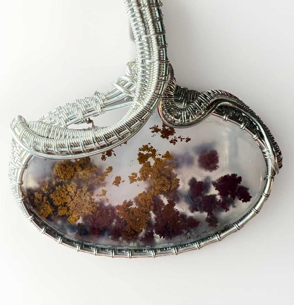 Sterling Silver 925 Hand Wrapped Moss Agate Pendant Necklace 20″