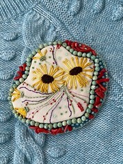 Brooch Bohemian Embroidery Art Coral Jasper Flower Handmade Upcycled Vintage