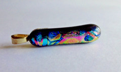 COLORFUL FUSED DICHROIC GLASS PENDANT 1.25 x .25 in PINK BLUE GREEN PURPLE GOLD