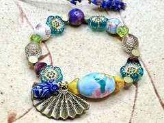 Multicolor Beaded Bracelet w/Czech Glass, Porcelain, Brass Accents & Owl Dangle